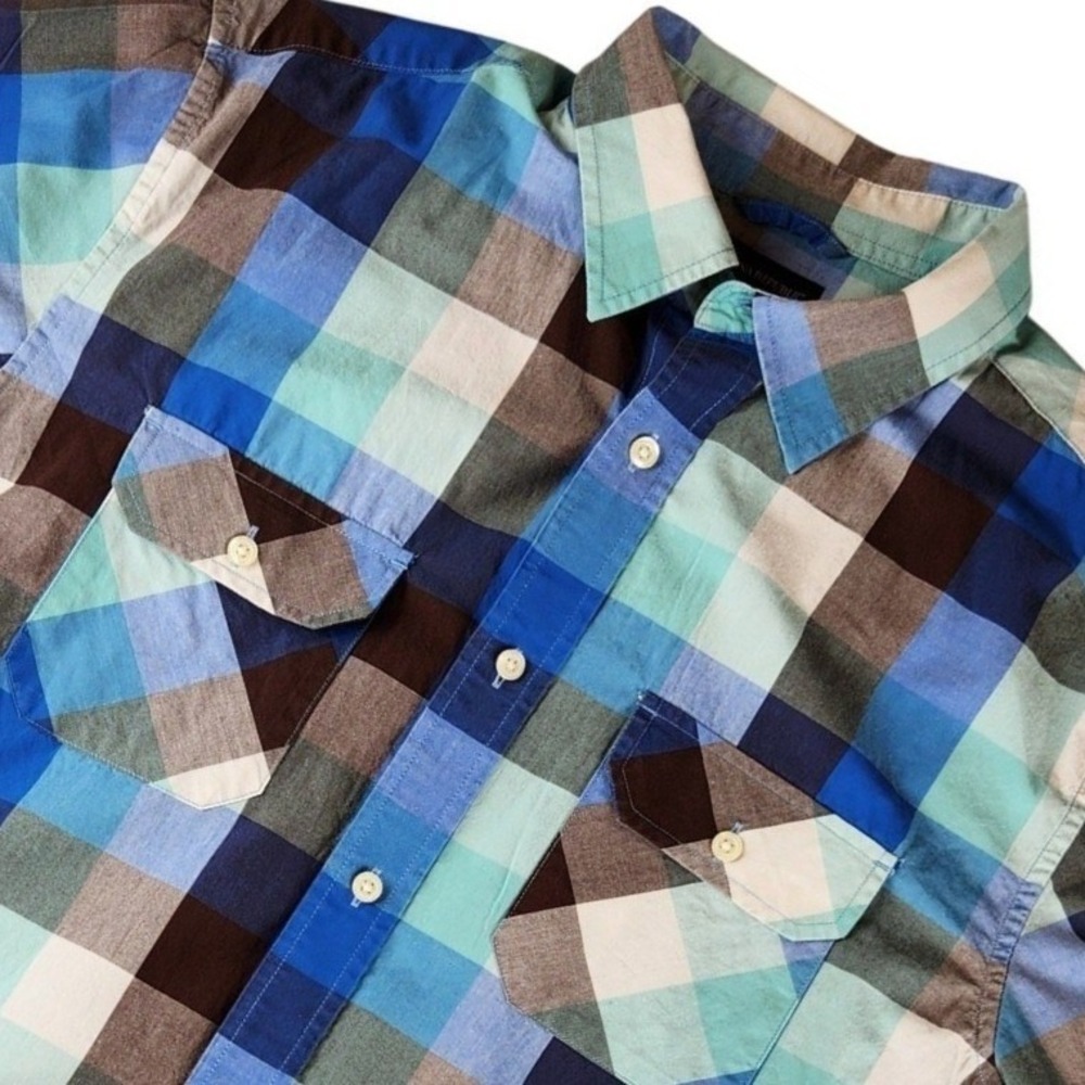 Banana Republic Mens L Short Sleeve Plaid Button Down Shirt Blue Brown Cotton